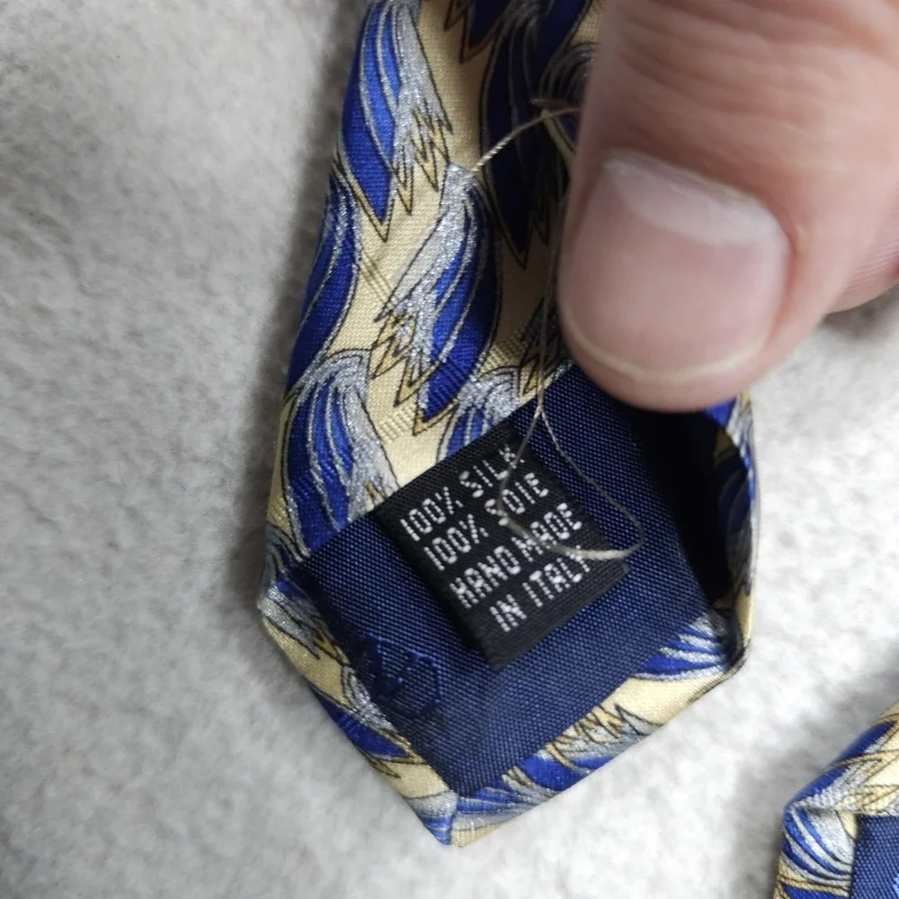 Valentino Cravatte Tie Mens Blue Beige Abstract Feather 100% Silk Italy Necktie